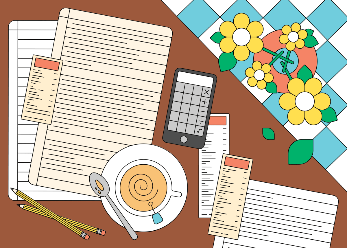 Illustration of calculator, coffee and drawing materials